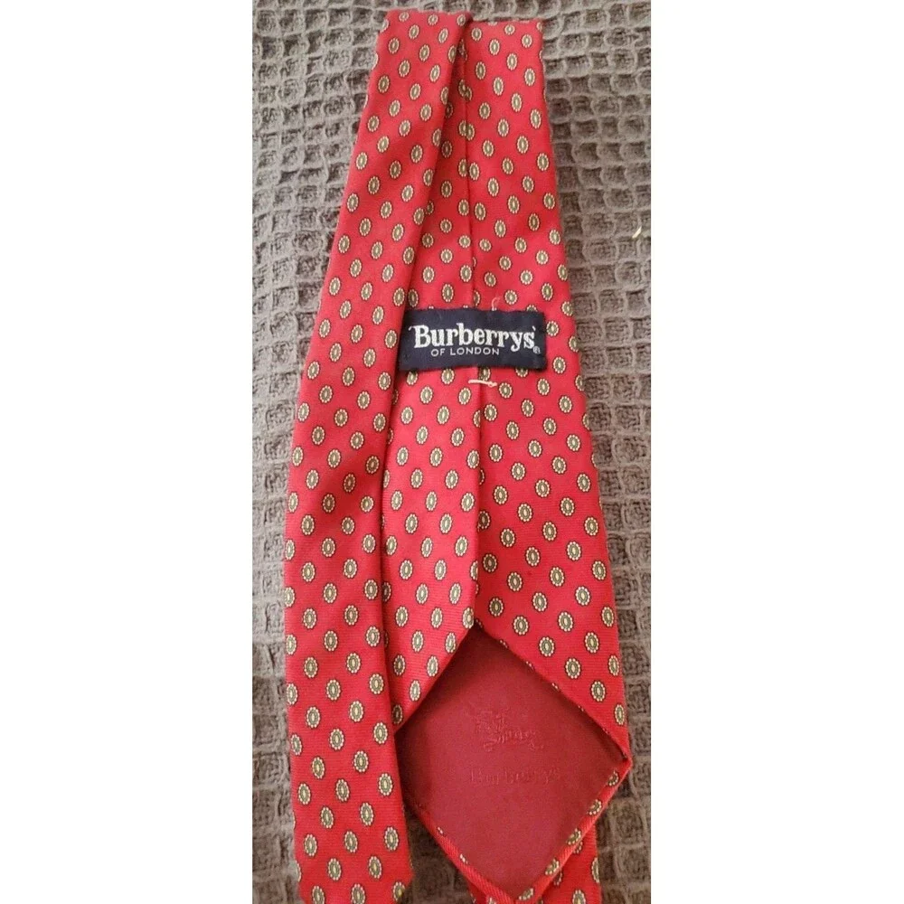 Men's Vintage Burberrys of London Geometric Designer Silk Neck Tie Red